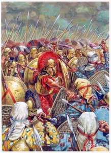 Batalla de las Termópilas: El ejército espartano comandado por Leónidas I luchando junto a los griegos contra los persas en 480 a.C. (Guerras persas/Batalla de las Termópilas 480 a.C. - (El rey espartano Leónidas y sus hombres caen en la batalla) - Ilustra