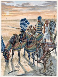 Antigüedad egipcia: representación del faraón Ramsés II (1304-1213 a.C.) con su ejército - El faraón Ramsés II (1303-1213 a.C.) y su ejército en el antiguo Egipto - Ilustración de Giuseppe Rava