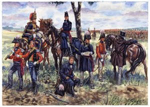 Primer Imperio: Estado Mayor del Duque de Wellington en la batalla de Waterloo el 18 de junio de 1815 - Ilustración de Giuseppe Rava
