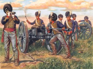 Primer Imperio: Soldados de la artillería inglesa cargando un cañón durante la batalla de Waterloo en 1815 - Primer imperio: soldados del ejército británico cargando un cañón durante la batalla de waterloo en 1815 - Ilustración de Giuseppe Rava