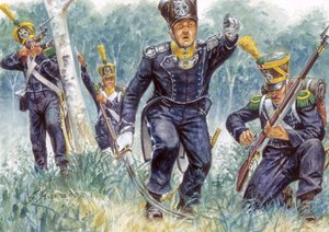 Primer imperio: voltigeurs de infantería ligera en el bosque - Primer imperio: Infantería Ligera Voltigeurs en el bosque - Ilustración de Giuseppe Rava