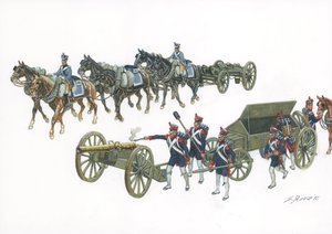 Primer imperio: el sistema de artillería Gribeauval de Jean Baptiste de Gribeauval (1715-1789) que reorganizó la artillería bajo Luis XV - Primer imperio: el sistema Gribeauval introdujo una tecnología mejorada en la artillería francesa desde 1765 - Ilustr de Giuseppe Rava