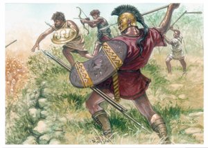 Reino de Macedoine: soldados de la infantería ligera - Macedonia (antiguo reino): soldados de la infantería ligera - Ilustración de Giuseppe Rava de Giuseppe Rava