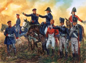 Guerra Napoleónica: Arthur Wellesley, Duque de Wellington (1769-1852) al mando de las tropas británicas y Gebhard Leberecht von Blucher (1742-1819) al mando del ejército prusiano en la Batalla de Waterloo 18/06/1815 - (Guerras Napoleónicas: comandantes Duq de Giuseppe Rava