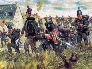 Napoleonic War: British riflemen of the 95th Regiment of Rifliers defend a sand quarry at the Battle of Waterloo 18/06/1815 - (Guerra Napoleónica: fusileros británicos defendiendo una cantera de arena durante la batalla de Waterloo el 18 de junio de 1815) 