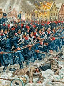 Campaña prusiana: "El arma en el brazo" Granaderos de la Guardia Imperial en la Batalla de Eylau el 8/02/1807 - Campaña Prusiana: Batalla de Eylau (o Batalla de Preussisch-Eylau) el 7 y 8 de febrero de 1807 entre la Grande Armee de Napoleón y un E de Giuseppe Rava