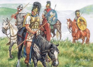 Antigüedad romana (República): grupo de jinetes romanos - República romana: caballería romana - Ilustración de Giuseppe Rava