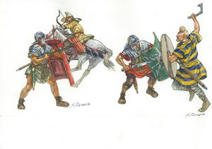 Legionarios romanos luchando contra un arquero a caballo parto y un guerrero franco de Giuseppe Rava