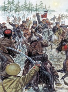 Guerra civil rusa (1917-1923): Soldados del Cáucaso al lado de los ejércitos blancos en 1919 - Guerra civil rusa: los cosacos luchando contra el ejército blanco ruso en 1919 - Ilustración de Giuseppe Rava