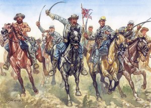 Guerra de Secesión (1861-1865) - Guerra civil americana: la caballería confederada cargando - Ilustración de Giuseppe Rava de Giuseppe Rava