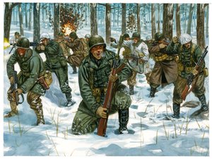 Segunda Guerra Mundial: Ofensiva de la infantería americana durante la Batalla de las Ardenas en Bastogne, diciembre de 1944 - Segunda Guerra Mundial: Ofensiva americana durante la Batalla de las Ardenas, diciembre de 1944 - Ilustración de Giuseppe Rava