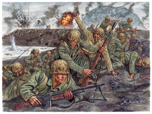 Segunda Guerra Mundial, Guerra del Pacífico: Desembarco el 19/02/1945 del cuerpo anfibio de Marines durante la Batalla de Iwo Jima en Japón - Segunda Guerra Mundial, Guerra del Pacífico: Batalla de Iwo Jima (Operación Desembarco), desembarco anfibio de los