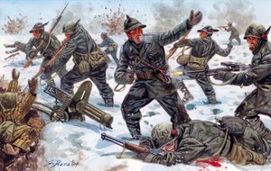 Segunda Guerra Mundial, Frente Ruso: Cazadores alpinos italianos en Rusia en enero de 1943 - Segunda Guerra Mundial, frente ruso: los alpinos italianos en Rusia, enero de 1943 - Ilustración de Giuseppe Rava