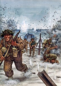 Segunda Guerra Mundial: Soldados escoceses durante el desembarco en Normandía 6/06/1944 - WWII, D day: Soldados escoceses el día del desembarco en Normandía, 6 de junio de 1944 - Ilustración de Giuseppe Rava