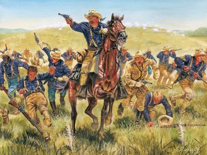 Guerra hispano-estadounidense o Guerra de la Independencia de Cuba (1868-1898) entre España y Norteamérica: retrato del soldado y político estadounidense Theodore Roosevelt (1858-1919) cargando con los Rough riders en Cuba - Guerra hispano-estadounidense (