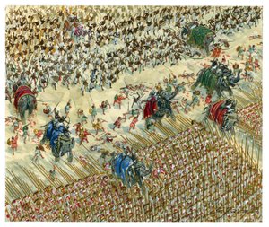 La batalla de Hydaspes Alejandro y Porus luchando en 327 a.C. - Alejandro Magno continúa su conquista hacia el valle del Indo - Alejandro Magno contra el rey Porus durante la batalla de Hydaspes - Ilustración de Giuseppe Rava de Giuseppe Rava