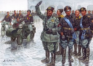 El Duce Benito Mussolini (1883-1945), acompañado de sus Camisas Negras (Camicie nere), haciendo el saludo fascista durante un desfile militar - Benito Mussolini y los Camisas Negras durante un desfile militar - Ilustración de Giuseppe Rava