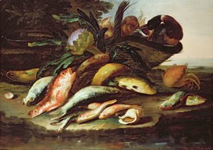 Naturaleza muerta con peces muertos y caza