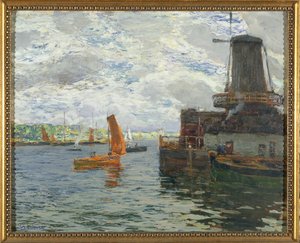 Molino de viento en Dordrecht (óleo sobre cartulina) de Giuseppe Sacheri