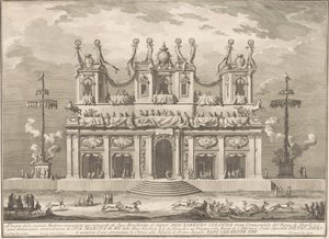 La Segunda Máquina para la Chinea de 1765: Un edificio decorado con postes de Cockaigne de Giuseppe Vasi, after Giuseppe Palazzi, after Paolo Posi