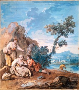Tres campesinos descansando en la orilla de un río, c1750