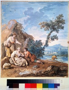 Tres campesinos descansando en la orilla de un río. Pintura de Giuseppe Zais (1709-1784). Acuarela sobre papel, 29,5 x 26,2 cm, hacia 1750. Escuela veneciana, pintura italiana del siglo XVIII. Museo de Bellas Artes Pushkin,