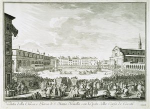 La fiesta de Corsa dei Cocchi en la plaza de Santa Maria Novella. La fiesta de Corsa dei Cocchi plaza de la Iglesia de Santa Maria Novella en Florencia. Dibujo de Giuseppe Zocchi (1711-1767). Florencia, Biblioteca Riccardiana. de Giuseppe Zocchi