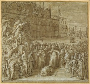 La reconciliación entre el Papa Alejandro III y Federico Barbarroja, en presencia del Dogo Sebastiano Ziani de Giuseppe della Porta Salviati