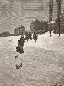 ¡Hace frío!, mujer caminando en la nieve, grabado de una pintura de Giuseppe De Nittis, dibujo de Montefusco, L