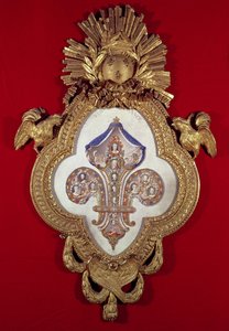 La Flor de Francia, árbol genealógico con trece retratos de Luis XV (1710-74) y sus descendientes en un marco con forma de flor de lis, 1765 (oro y esmalte)