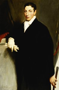 Retrato de Dennis Cohen, tres cuartos de longitud, vistiendo un abrigo negro y un guante blanco y sosteniendo un bastón
