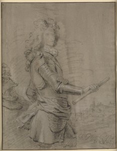 Retrato de tres cuartos de un comandante con armadura y un bastón en la mano derecha. En el fondo un paisaje con una ciudad de Godfrey Kneller