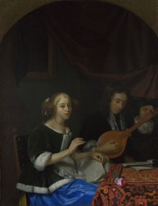 Una mujer cantando y un hombre con una cítara, ca. 1665-1667 de Godfried Cornelisz Schalcken