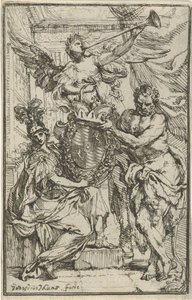 Minerva, Hércules y Fama con escudo de armas