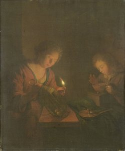 El fuego y la luz (una niña coloca una vela en un farol y un niño sopla sobre las brasas de un plato) de Godfried Schalcken (attributed to)