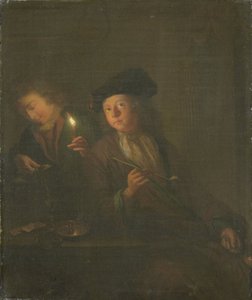 El fumador (un hombre con una pipa y un hombre sirviendo una bebida en un vaso) de Godfried Schalcken (attributed to)