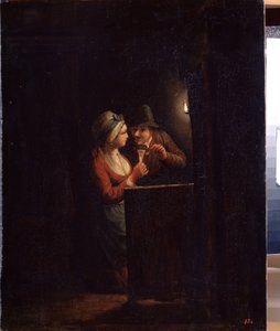 Un hombre y una mujer a la luz de las velas. Pintura de Godfried Cornelisz Schalcken (1643-1706). Óleo sobre lienzo, 31 x 25 cm. Arte holandés, arte barroco. Museo Estatal al Aire Libre Palace Gatchina, San Petersburgo. de Godfried Schalcken