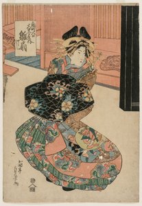 La cortesana Hinaogi del Daikokuya en la entrada de Kadomachi, finales de 1820 o principios de 1830 de Gokotei Sadakage