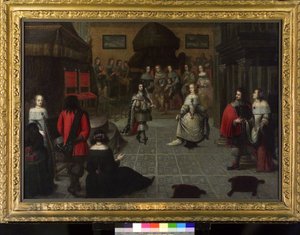 Carlos II de Inglaterra (1630-1685) bailando en La Haya (Países Bajos), en mayo de 1660, probablemente con su sobrina Isabel van de Paltz (1616-1680), con motivo de la ceremonia de restitución de su título de rey de Inglaterra.