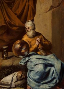 Anciano con una esfera, un reloj de arena, una calavera y libros (¿Vanitas) de Gonzales Coques