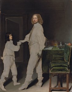 Retrato de un hombre, de cuerpo entero, entregando una carta a un niño, en un interior