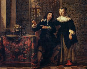 El astrónomo y su mujer, pintura de Gonzales Coques (1614 ca-1684), óleo sobre tabla, 405x505 cm de Gonzales Coques