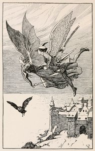 El compañero de viaje voló detrás de ella, de Cuentos de Hadas de Hans Anderson, pub 1919 de Gordon Browne