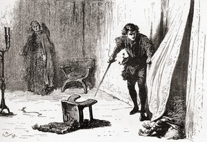 Una escena de la obra de William Shakespeare Hamlet, Acto III, Escena 4, Hamlet: ¡Desdichado, imprudente, intruso tonto, adiós! Te tomé por alguien mejor, de Las Obras de William Shakespeare, publicado 1896 de Gordon Frederick Browne