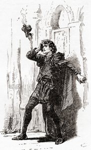 Una escena de la obra de William Shakespeare Hamlet, Acto I, Escena 5, Hamlet: ¡Recuérdame! Sí, pobre fantasma, mientras la memoria tenga un asiento en este globo distraído, de Las Obras de William Shakespeare, publicado 1896