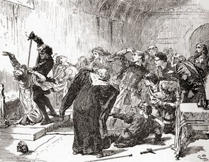 Una escena de la obra de William Shakespeare Hamlet, Acto V, Escena 2, Hamlet: ¡La punta también está envenenada! Entonces, veneno, a tu trabajo. (Apunala al rey), de Las Obras de William Shakespeare, publicado 1896 de Gordon Frederick Browne