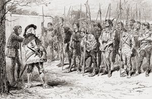 Una escena de la obra de William Shakespeare Rey Enrique IV, Parte 1, Acto IV, Escena 2, El regimiento andrajoso de Falstaff, de Las Obras de William Shakespeare, publicado 1896 de Gordon Frederick Browne