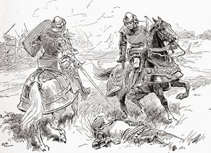 Una escena de la obra de William Shakespeare Rey Enrique IV, Parte 1, Acto V, Escena 3, Conde de Douglas: Todo está hecho, todo está ganado, aquí yace sin aliento el rey, de Las Obras de William Shakespeare, publicado 1896 de Gordon Frederick Browne