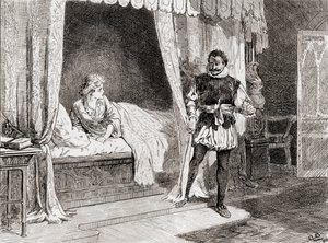 Una escena de la obra de William Shakespeare Otelo, Acto V, Escena 2, Desdémona: ¿Hablas de matar? Otelo: Sí, lo hago, de Las obras de William Shakespeare, publicada en 1896 de Gordon Frederick Browne