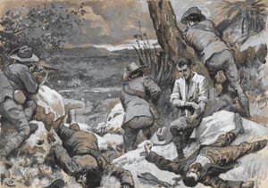 ¿El ataque bóer al campamento de César: Un rincón caliente con los rifles montados de la frontera, 1900? de Gordon Frederick Browne